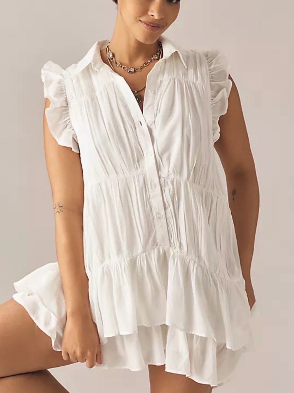 Anthropologie Sleeveless Ruffle White Mini Shirt Dress Feminine Size XL New